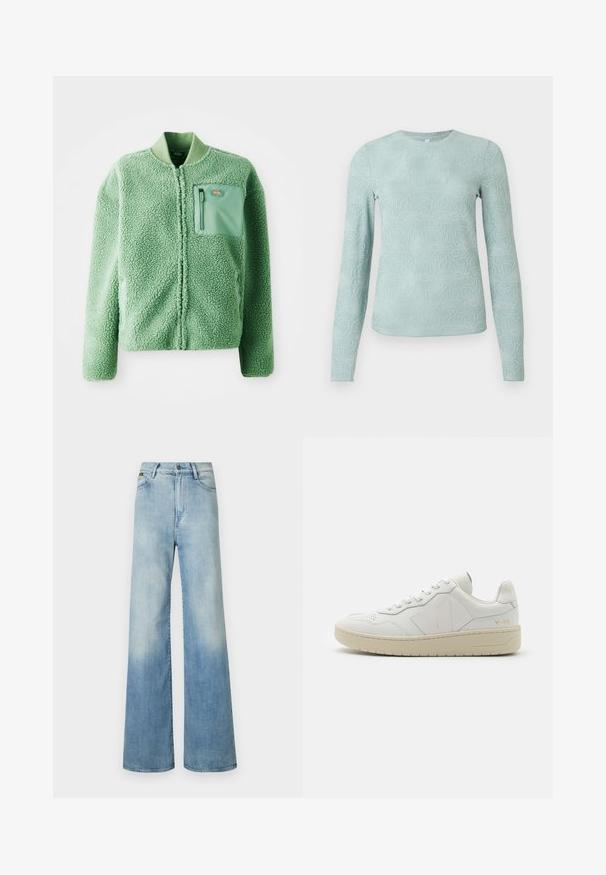 Vihreä fleece-takki, jossa on teksturoitu pinta, ja siinä on vetoketjullinen rintatasku sekä ribbikuvioitu kaulus. Edessä vetoketjusuljenta, pitkät hihat.; Vaaleansininen pitkähihainen paita, jossa on tekstuuri kukkakuosi, pyöreä kaula-aukko ja istuva malli. Valmistettu pehmeästä, joustavasta kankaasta.; Vaaleansiniset leveälahkeiset farkut, joissa on korkea vyötärö, viisi taskua ja hillitty haalistuminen säärillä.; Valkoiset nahkakengät, joissa on rei'itetty varvasosa, kontrastoiva beige kumipohja sekä logo-yksityiskohtia sivuilla ja kantapäässä. Minimalistinen muotoilu.