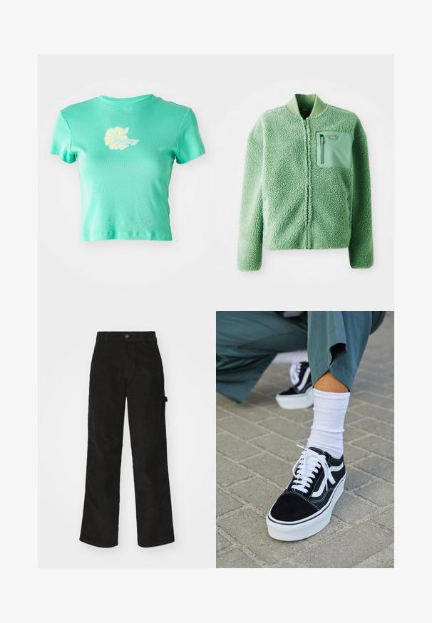 Grøn fleecejakke med en tekstureret overflade, der har en lynlåslomme på brystet og en ribbet krave. Lynlås lukning foran, lange ærmer.; Korthættet t-shirt i lyseblå stof med et blomstermønster og "ROXY" logo i hvid og gul på forsiden. Korte ærmer.; Sorte kordfløjsbukser med et lige ben-design, der har en knaplukning og sidelommer. Glat tekstur med fine lodrette striber.; Sorte ruskinds sneakers med hvide accenter og snørebånd, der har en tyk hvid sål og kontrasterende syninger, parret med en hvid sok.