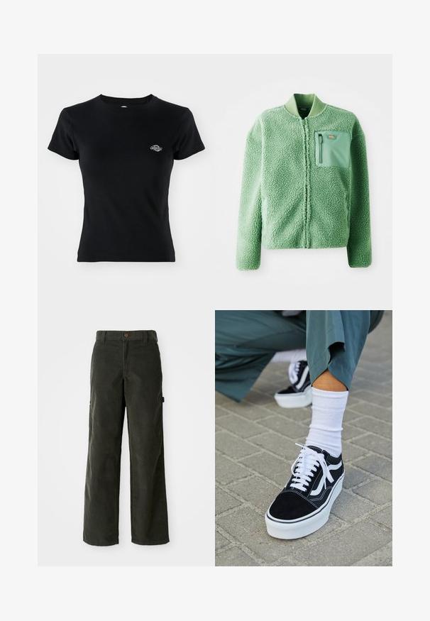 Vihreä fleece-takki, jossa on teksturoitu pinta, ja siinä on vetoketjullinen rintatasku sekä ribbikuvioitu kaulus. Edessä vetoketjusuljenta, pitkät hihat.; Musta raitapaita, jossa on pyöreä pääntie ja lyhyet hihat, ja vasemmassa rinnassa pieni brodeerattu logo.; Tummanvihreät corduroy-housut, joissa on löysä istuvuus, suorat lahkeet, etutaskut ja nappikiinnitys. Rakenteellinen kangas, jossa on pystyripoja.; Mustat mokkakengät valkoisilla yksityiskohdilla ja nauhoilla, joissa on paksu valkoinen pohja ja kontrastivärinen ommel, yhdistettynä valkoiseen sukkaan.