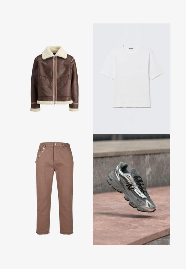 Brun læderjakke med cremefarvet pelskrave, manchetter og kant, med en frontlynlås og to skrå frontlommer.; Hvid, kortærmet t-shirt med rund hals og et lille "WEEKDAY"-mærke på indersiden af bagkraven, vist på en flad overflade.; Brune denimbukser med et lige ben-design, der har frynset kanter og en sølvkæde som accent, der er fastgjort til taljebåndet.; Grå og sølvfarvet New Balance-sneaker mærket "1000", der svæver over en rosafarvet stenet overflade med en grå stenvæg i baggrunden.