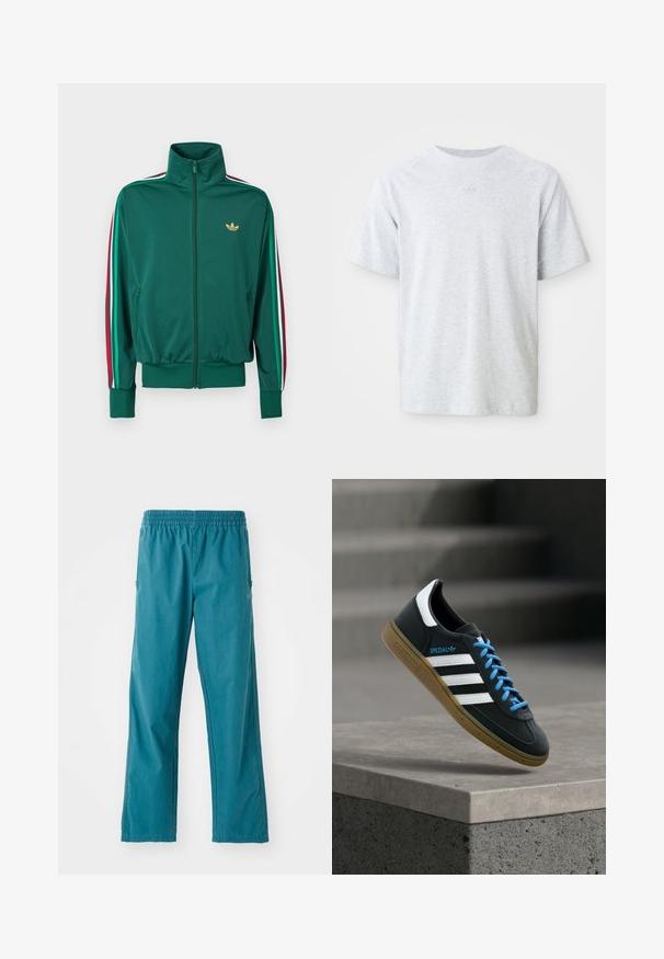 Chaqueta verde con cremallera, cuello alto, tejido texturizado, puños elásticos y franjas verticales en rojo, blanco y verde en las mangas. Logo dorado en el pecho.; Camiseta de cuello redondo de manga corta en gris claro con un sutil logotipo tonal centrado debajo del escote, con un frente liso y un corte relajado.; Pantalones de color verde azulado hechos de un tejido ligero, con cinturilla elástica y un corte recto con bolsillos laterales.; Zapatilla negra Adidas con franjas blancas, cordones azules y suela de goma flotando sobre un escalón de hormigón gris con luz suave.