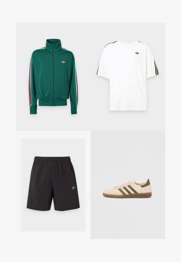 Veste zippée verte avec col montant, tissu texturé, poignets élastiques et bandes verticales rouges, blanches et vertes sur les manches. Logo doré sur la poitrine.; T-shirt en coton blanc à manches courtes, avec des accents noirs à trois rayures sur les épaules et un petit logo noir sur la poitrine.; Short de sport noir à taille élastique avec poches latérales et petit logo Adidas sur la jambe gauche.; Baskets beige discrètes Adidas Spezial avec des bandes vertes, une semelle en caoutchouc et le logo "SPEZIAL" sur le côté, vues de l'extérieur.