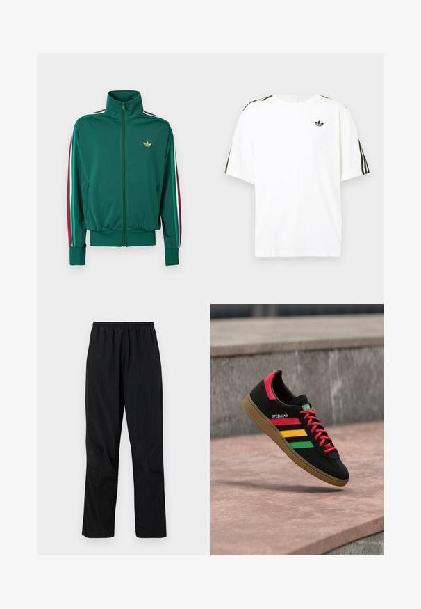 Groene jas met ritssluiting en hoge kraag, textuurrijk materiaal, elastische manchetten en verticale strepen in rood, wit en groen op de mouwen. Gouden logo op de borst.; Witte katoenen t-shirt met korte mouwen, voorzien van zwarte drie-strepen accenten op de schouders en een klein zwart logo op de borst.; Zwarte nylont broek met een elastische tailleband, voorzien van een lichte, gestructureerde afwerking en naadaccenten voor een modern ontwerp.; Zwarte Adidas Spezial sneaker met rode, gele en groene strepen, rode veters, gumzool en een rode hieldetail, zwevend boven het trottoir.