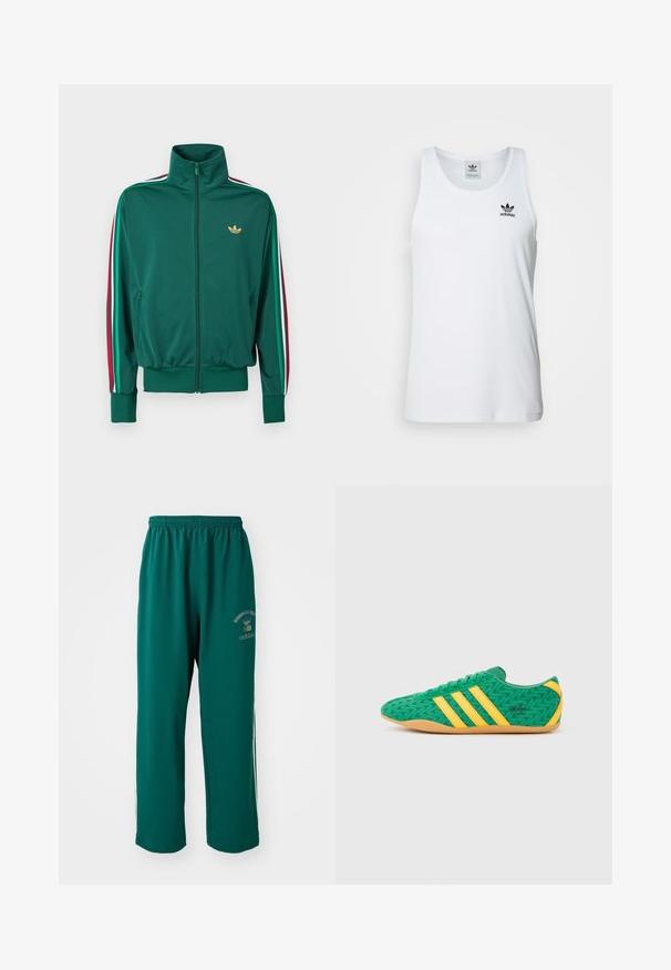 Zelená bunda na zips s vysokým golierom, textúrovaná látka, elastické manžety a zvislé pruhy v červenej, bielej a zelenej farbe na rukávoch. Zlato logo na hrudi.; Biely rebrovaný tielko s okrúhlym výstrihom, čiernym logom Adidas na ľavej hrudi a bez rukávov. Mäkko bavlnený materiál, voľný strih.; Zelené športové nohavice vyrobené z hladkej tkaniny, s elastickým pásom, potlačou loga na jednej strane a bielymi postrannými pruhmi. Štandardný strih.; Zelené textilné tenisky s žltými akcentmi a tromi pruhmi, so vzorom cik-cak a podrážkou z gumy.