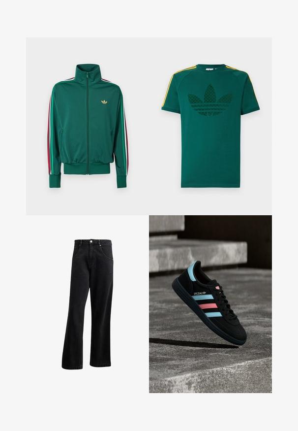 Grøn lynlåsjakke med høj krave, tekstureret stof, elastiske manchetter og lodrette striber i rød, hvid og grøn på ærmerne. Guldlogo på brystet.; Grøn T-shirt med korte ærmer med mørkegrønt Adidas trefoil-logo og gule striber på skuldrene mod en hvid baggrund.; Sorte denim jeans med straight-leg design, der har frontlommer, en knaplukning og en let tekstur. Inkluderer en diskret logo detalje.; Sort Adidas Spezial sneaker med blå og pink striber, svævende over en tekstureret grå betonoverflade med skygge nedenunder.