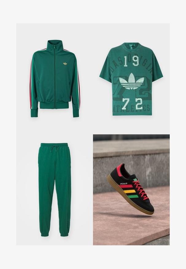 Grøn lynlåsjakke med høj krave, tekstureret stof, elastiske manchetter og lodrette striber i rød, hvid og grøn på ærmerne. Guldlogo på brystet.; Grøn oversized t-shirt med Adidas-logo, store tal "109" og "72" samt udvasket "Adidas Originals Athletics" tekst på fronten.; Grønne bomuldsjoggers med snøre i taljen, elastiske manchetter og sidelommer. Stoffet ser blødt ud med en glat overflade.; Sort Adidas Spezial-sneaker med røde, gule og grønne striber, røde snørebånd, gummisål og rødt hældetalje, vist svævende over fortovet.