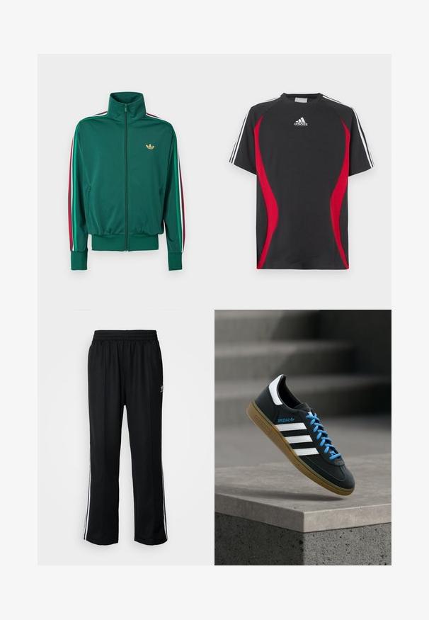Grøn lynlåsjakke med høj krave, tekstureret stof, elastiske manchetter og lodrette striber i rød, hvid og grøn på ærmerne. Guldlogo på brystet.; Sort kortærmet T-shirt med røde sideakcenter, hvid Adidas-logo på brystet og hvide skulderstriber. Fremstillet af et glat stof.; Sorte træningsbukser med elastisk talje, der har hvide sidestænger og et lille logo. Materialet ser blødt og let ud.; Sort Adidas sneaker med hvide striber, blå snørebånd og gummisål, der svæver over gråt betontrin i blødt lys.