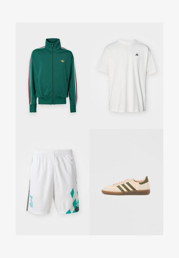 Grøn lynlåsjakke med høj krave, tekstureret stof, elastiske manchetter og lodrette striber i rød, hvid og grøn på ærmerne. Guldlogo på brystet.; Hvid bomulds t-shirt med korte ærmer, rund hals og et lille sort Adidas-logo på venstre bryst. Blød tekstur, afslappet pasform.; Hvide sportsshorts med elastisk talje, med et teal geometrisk mønster og sorte detaljer på siderne. Indeholder et stort nummer "3."; Beige Adidas Spezial sneaker med lav profil, grønne striber, gummisål og "SPEZIAL"-branding på siden, vist fra ydersiden.