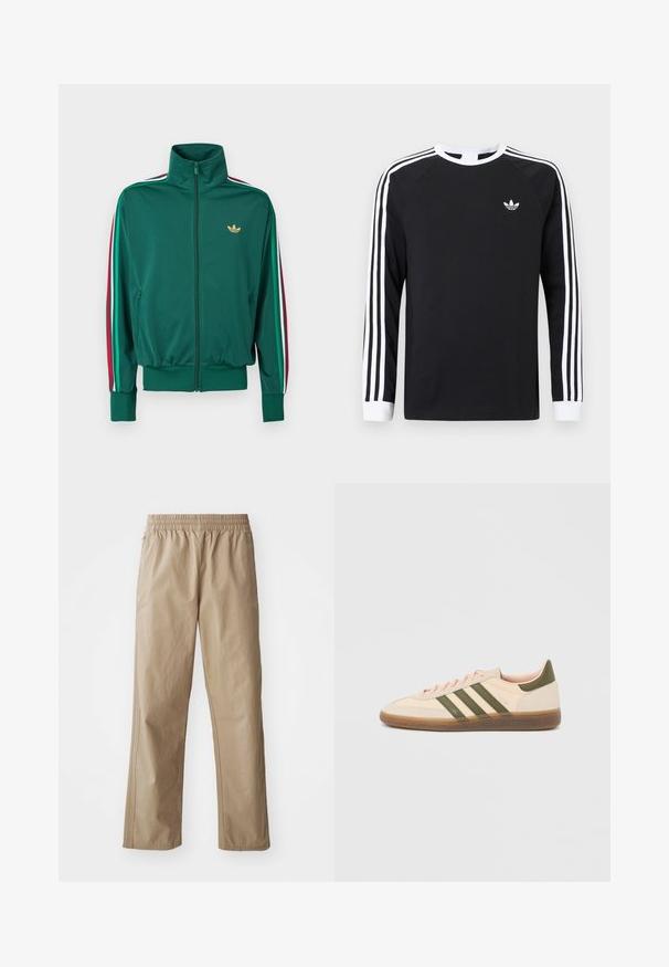 Zelená bunda na zips s vysokým golierom, textúrovaná látka, elastické manžety a zvislé pruhy v červenej, bielej a zelenej farbe na rukávoch. Zlato logo na hrudi.; Čierne tričko s dlhým rukávom a bielym trojpásovým dizajnom na rukávoch. Má okrúhly výstrih a malý biely logo na hrudi.; Béžové ľahké nohavice s elastickým pásom, rovnými nohavicami a bočnými vreckami. Hladká textúra s jemnými švami.; Nízky béžový tenisky Adidas Spezial so zelenými pruhmi, gumovou podrážkou a nápisom „SPEZIAL“ na boku, zobrazené z vonkajšej strany.
