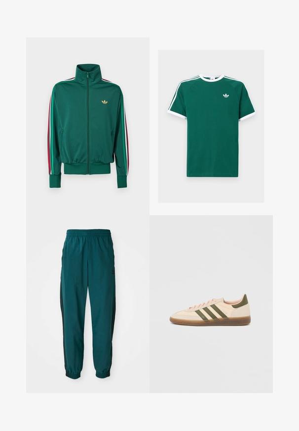 Chaqueta verde con cremallera, cuello alto, tejido texturizado, puños elásticos y franjas verticales en rojo, blanco y verde en las mangas. Logo dorado en el pecho.; Camiseta de algodón verde con acentos blancos, con mangas cortas, cuello redondo y tres rayas blancas en cada hombro. Pequeño logo en el pecho.; Pantalones deportivos en color verde azulado con cintura ajustable por cordón, puños elásticos y rayas negras en los lados. Fabricados con un tejido ligero, presentan un logo cerca de la cadera.; Zapatilla Adidas Spezial beige de perfil bajo con rayas verdes, suela de goma y la marca "SPEZIAL" en el lateral, vista desde el lado exterior.