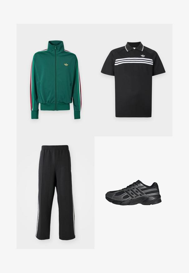 Groene jas met ritssluiting en hoge kraag, textuurrijk materiaal, elastische manchetten en verticale strepen in rood, wit en groen op de mouwen. Gouden logo op de borst.; Zwart poloshirt met een ritssluiting bij de kraag, voorzien van drie witte horizontale strepen over de borst en een klein logo linksboven.; Zwarte trainingsbroek met een elastische tailleband, voorzien van witte zijstrepen en een relaxte pasvorm. Gemaakt van zachte, rekbare stof.; Zwarte sportschoenen gemaakt van mesh en synthetische materialen, met een getextureerd oppervlak, meerdere grijze strepen en een gevoerde kraag.