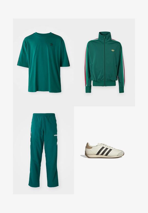 Chaqueta verde con cremallera, cuello alto, tejido texturizado, puños elásticos y franjas verticales en rojo, blanco y verde en las mangas. Logo dorado en el pecho.; Camiseta de algodón en color verde azulado, con mangas cortas, cuello redondo y rayas laterales negras. Presenta un pequeño logotipo negro en el pecho.; Pantalones deportivos verdes hechos de tela ligera, con una cinturilla elástica, bolsillos laterales y el logo blanco de Adidas en el lado izquierdo.; Zapatilla deportiva de cuero blanco con tres rayas negras, una cubierta de talón beige y una puntera texturizada gris. Superficie lisa con suela de goma.