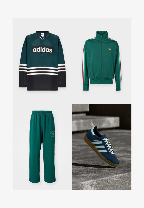 Chaqueta verde con cremallera, cuello alto, tejido texturizado, puños elásticos y franjas verticales en rojo, blanco y verde en las mangas. Logo dorado en el pecho.; Camiseta Adidas verde y negra con cuello en V, mangas largas, textura de malla y un audaz logo blanco en el pecho con detalles a rayas.; Pantalones deportivos verdes de tela suave, con cintura elástica, impresión de logo en un lado y franjas laterales blancas. Corte regular.; Zapatilla azul Adidas Spezial con rayas y cordones blancos, suela de goma, flotando sobre una superficie de hormigón rugosa y escaleras de fondo.