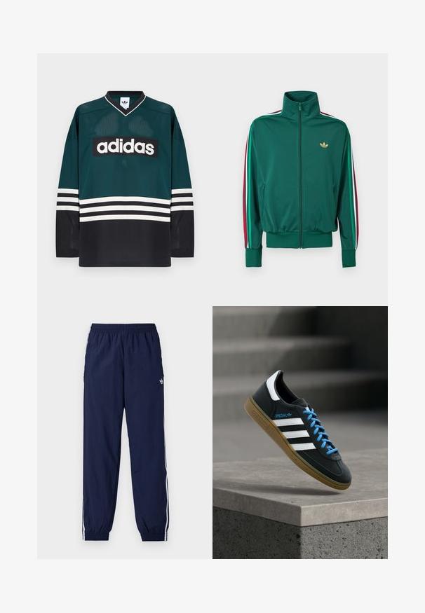 Groene jas met ritssluiting en hoge kraag, textuurrijk materiaal, elastische manchetten en verticale strepen in rood, wit en groen op de mouwen. Gouden logo op de borst.; Groen-zwart Adidas-shirt met een V-hals, lange mouwen, een mesh textuur en een opvallend wit logo over de borst met gestreepte accenten.; Marineblauwe trainingsbroek gemaakt van lichtgewicht stof, met witte strepen langs de zijkanten, een elastische tailleband en een klein logo.; Zwarte Adidas-sneaker met witte strepen, blauwe veters en een gumzool die boven een grijze betonnen trede zweeft in zacht licht.