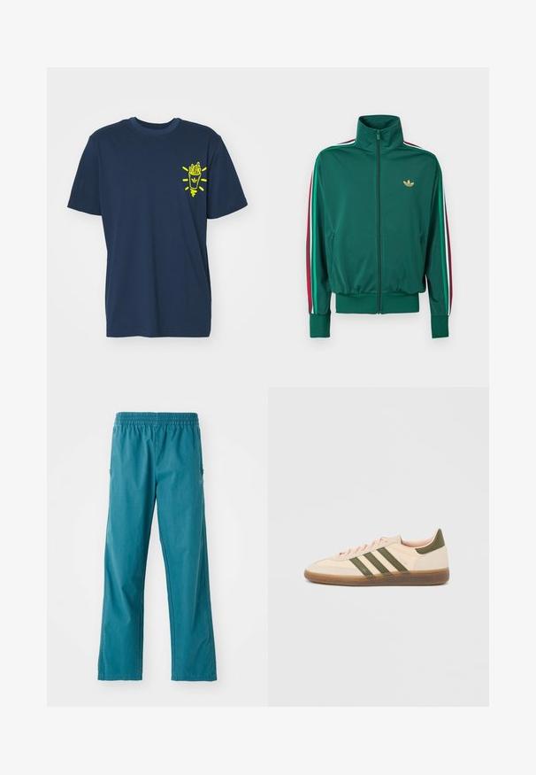 Roheline tõmblukuga jakk kõrge kraega, tekstureeritud kangas, elastsed varrukasääred ja vertikaalsed triibud varrukatel punase, valge ja rohelisega. Kullast logo rinnal.; Tumesinine T-särk, millel on vasakul rinnal väike erk kollane prae kartulite karbi kujutis.; Teal värvi kerged püksid, millel on elastne vöökoht ja sirge lõige koos küljetaskutega.; Madalprofiilne beež Adidas Spezial toss rohelist värvi triipude, kummist tallaga ja "SPEZIAL" brändinguga küljel, nähtav välisküljelt.