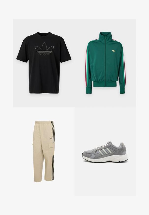 Grøn lynlåsjakke med høj krave, tekstureret stof, elastiske manchetter og lodrette striber i rød, hvid og grøn på ærmerne. Guldlogo på brystet.; Sort bomuld T-shirt med et stort, omridset Adidas-logo i reflekterende materiale med vandrette linjer på forsiden. Korte ærmer.; Beige cargobukser med elastisk talje, sidelommer og sorte lodrette striber. Har en Adidas-logo foran.; Grå atletisk sko med mesh- og ruskindsmaterialer, med hvide snørebånd, en polstret krave og en chunky hvid mellemsål med strukturerede detaljer.