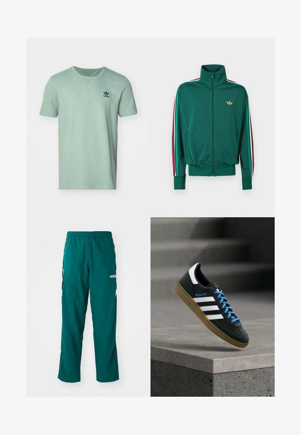 Chaqueta verde con cremallera, cuello alto, tejido texturizado, puños elásticos y franjas verticales en rojo, blanco y verde en las mangas. Logo dorado en el pecho.; Camiseta de manga corta color menta con un patrón texturizado, cuello redondo y logo de adidas en verde oscuro en el lado izquierdo del pecho.; Pantalones deportivos verdes hechos de tela ligera, con una cinturilla elástica, bolsillos laterales y el logo blanco de Adidas en el lado izquierdo.; Zapatilla negra Adidas con franjas blancas, cordones azules y suela de goma flotando sobre un escalón de hormigón gris con luz suave.