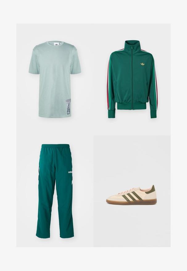 Zelená bunda na zips s vysokým golierom, textúrovaná látka, elastické manžety a zvislé pruhy v červenej, bielej a zelenej farbe na rukávoch. Zlato logo na hrudi.; Mätovo zelené bavlnené tričko s krátkymi rukávmi, okrúhlym výstrihom a božnou nášivkou so grafickými detailmi a vertikálnymi pruhmi.; Zelené športové nohavice vyrobené z ľahkej tkaniny, s elastickým pásom, bočnými vreckami a bielym logom Adidas na ľavej strane.; Nízky béžový tenisky Adidas Spezial so zelenými pruhmi, gumovou podrážkou a nápisom „SPEZIAL“ na boku, zobrazené z vonkajšej strany.