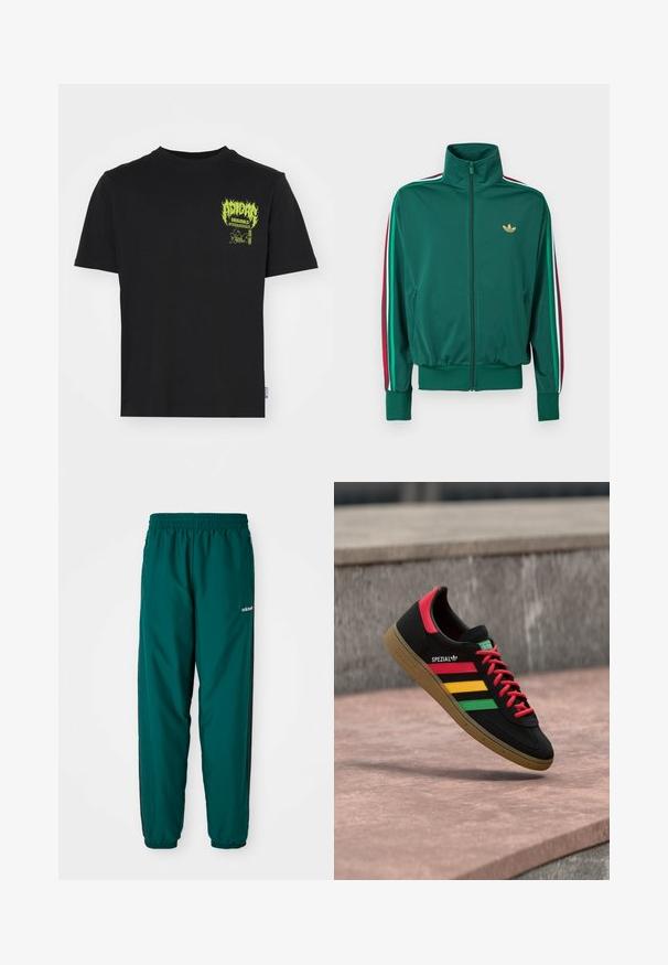 Zelená bunda na zips s vysokým golierom, textúrovaná látka, elastické manžety a zvislé pruhy v červenej, bielej a zelenej farbe na rukávoch. Zlato logo na hrudi.; Čierne bavlnené tričko s neonovo zelenou grafikou a textom na ľavej strane hrudníka, s okrúhlym výstrihom a krátkymi rukávmi.; Zelené športové nohavice vyrobené z ľahkej látky, s elastickým pásom, bočnými vreckami a čiernymi bočnými pruhmi. Viditeľné logo Adidas.; Čierna teniska Adidas Spezial s červenými, žltými a zelenými pruhmi, červenými šnúrkami, gumovou podrážkou a červeným detailom na päte, zobrazená ako vznášajúca sa nad chodníkom.