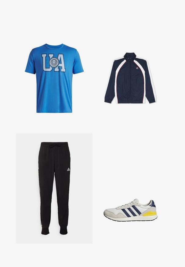 Marineblå sportsjakke med hvide paneler på ærmerne, røde kanter, fuld lynlås foran, elastiske manchetter og lille logo på venstre bryst.; Blå bomulds t-shirt med store "UA" bogstaver og et cirkulært mærke design nedenunder. Korte ærmer og rund halsudskæring. Glat tekstur.; Sorte atletiske bukser lavet af blødt stof, med snoretræk i taljen og hvide sidelister. Elastiske manchetter ved anklerne.; Hvid og grå Adidas-sneaker med navyblå striber og en gul detalje på hælen, vist fra siden på en hvid baggrund.