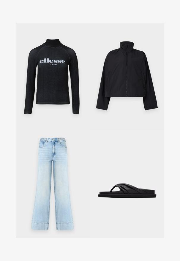 Zwarte cropped jas met hoge kraag, volledige rits aan de voorkant en lange mouwen met zijzakken. Gemaakt van lichtgewicht, soepel materiaal.; Zwarte longsleeve top met een hoge kraag, voorzien van een witte bedrukte "ellesse 1959" logo op de borst; zachte, rekbare stof.; Lichtblauwe wijde jeans met hoge taille, gevlochten riemlussen, knoop aan de voorkant, rits en twee zakken op een witte achtergrond.; Zwarte platte sandaal met gewatteerde kruisband en teenriemje, minimalistisch ontwerp tegen een effen lichtgrijze achtergrond.