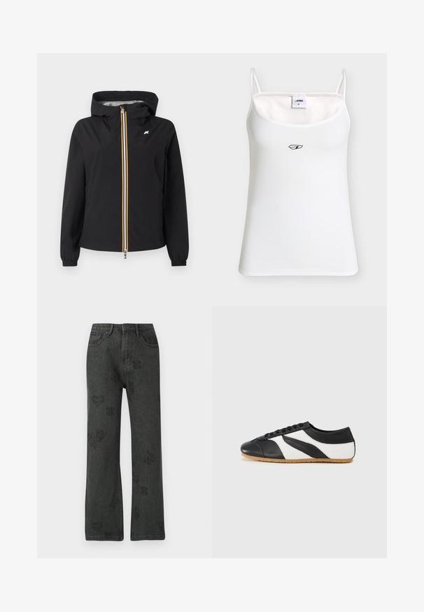 Zwarte jas met capuchon en een ritssluiting over de hele lengte aan de voorkant, met gele, witte en oranje strepen, elastische manchetten en een klein wit logo op de borst.; Wit spaghettihemdje met klein zwart logo in het midden onder de halslijn en maatlabel binnenin de kraag.; Zwarte wijde spijkerbroek met vervaagde bloemen-, hart- en vlinderprints, knoopsluiting aan de voorkant en vijf-pocket ontwerp.; Zwart-witte sneaker met een gebogen ontwerp, gemaakt van leer, met een gestructureerde zwarte neuskap en een zool van gumrubber. Vetersluiting.