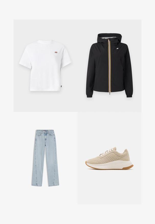 Zwarte jas met capuchon en een ritssluiting over de hele lengte aan de voorkant, met gele, witte en oranje strepen, elastische manchetten en een klein wit logo op de borst.; Witte katoenen T-shirt met een relaxte pasvorm, voorzien van een klein logo-opdruk op de borst en een label aan de zijkant voor een extra detail.; Lichtblauwe hoge taille rechte denim jeans met voorzakken, riemlussen, knoopsluiting en kleine spleetjes aan de onderzomen.; Beige sportieve sneaker van suède materiaal, met een geperforeerd ontwerp, witte zool en beige accenten. Voorzien van veters en logo-details.