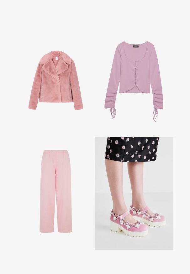 Lyserød faux fur jakke med krave, lange ærmer og en let cropped design. Blød tekstur uden synlig hardware eller mønstre.; Lilla langærmet cropped top med firkantet halsudskæring, knaplukning foran, flæsedetaljer og justerbare bindebånd på ærmerne.; Lyserøde sweatpants lavet af blødt stof, med elastisk talje, lige ben-design og justerbare snore i kanten.; Lyserøde fløjl Mary Jane-sko med hvide platformssåler, pyntet med blomsterapplikationer og blonder omkring åbningen og ankelremmen.