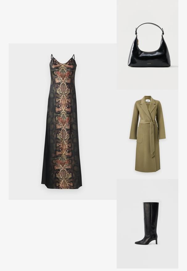Olijfgroene wollen wikkeljas met een geplooide kraag, lange mouwen en een ceintuur in de taille, met twee voorste opgestikte zakken.; Zwarte slipdress met een slangenhuidpatroon in aardetinten en metallic accenten, met dunne verstelbare bandjes en een gladde textuur.; Zwarte kniehoge laarzen gemaakt van glad leer, met een puntige neus en een slanke hak, een nauwsluitende schacht en een minimalistisch ontwerp.; Zwarte glanzende Calvin Klein handtas met gouden rits en korte band tegen een effen witte achtergrond.