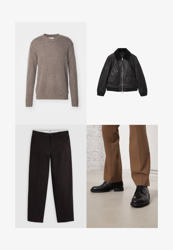 Sort læder bomberjakke med en krave i shearling, lynlåslukning foran og to forlommer samt ribstrikket kant og ærmekanter. Glat tekstur.; Brun, strikket sweater med rund hals, lange ærmer og ribbede manchetter og kant, som har en blød, tekstureret overflade.; Sorte lige chinos med bælteløkker, knaplukning og sidelommer, præsenteret på en lys grå baggrund.; Sorte læder sko med glat overflade og rund tå, der har snørebåndslukning og en lav, flad sål. Sammen med brune bukser.