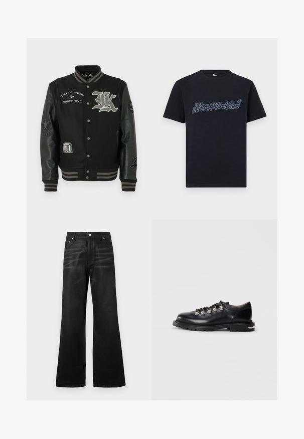 Sort varsity-jakke med en uldkrop og læderærmer. Broderede logoer og detaljer, trykknapper og stribede ribkanter ved ærmerne.; Sort bomulds-T-shirt med en tekstureret, blå broderet tekstgrafik på fronten. Klassisk rund hals og korte ærmer.; Sorte bredbenede jeans lavet af denimstof. Har fem lommer, en frontknaplukning og en diskret udvaskning på lårene.; Sorte læder lavskårne sko med tyk sål, metaløjer, dekorative sølv charms på snørebåndene, og tekstureret mønster på sålen.