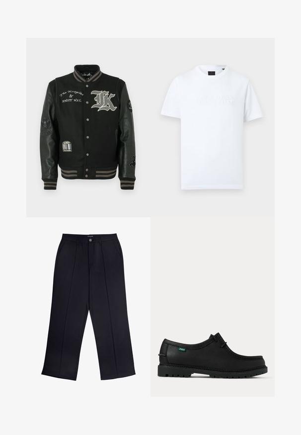 Schwarze Collegejacke mit einem Wollkörper und Lederärmeln. Bestickte Logos und Akzente, Druckknöpfe und gestreifte Rippbündchen an den Ärmeln.; Weißes T-Shirt mit kurzen Ärmeln und Rundhalsausschnitt, vorne in der Mitte mit dezentem, geprägt "Jack & Jones Premium"-Schriftzug.; Schwarze weite Hosen aus glattem Material mit Reißverschluss, Knopfverschluss und Fronttaschen. Auffällige Fältelung entlang jedes Beins.; Schwarzer Leder-Schnürschuh für den Alltag mit dicker profillierter Sohle und kleinem grünem "Polo" Etikett an der Seite nahe der Ferse.