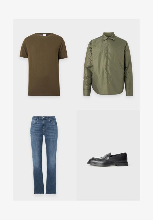 Veste vert olive à manches longues avec col pointu et fermeture à boutons sur le devant, confectionnée en tissu lisse et brillant.; T-shirt à manches courtes et col rond de couleur vert olive avec une texture lisse et unie, présenté sur un fond blanc.; Jean denim bleu à jambes droites avec poches avant, fermeture à boutons et léger effet délavé sur les cuisses et les genoux.; Mocassins en cuir noir avec une finition texturée, dotés d'une bride décorative à l'avant et d'un bout arrondi. Semelle en caoutchouc pour plus de durabilité.