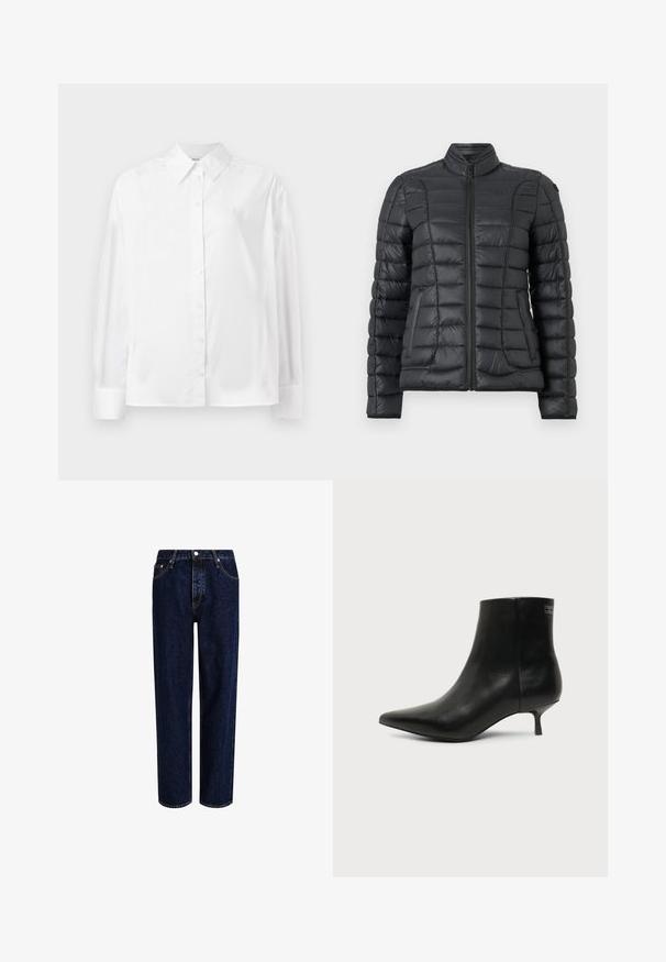 Chaqueta acolchada negra con patrón acolchado, cuello alto y cremallera frontal. Presenta bolsillos laterales y una textura suave y brillante.; Camisa blanca de manga larga con botones, hecha de una suave mezcla de algodón. Cuenta con un cuello clásico, cierre frontal con botones y puños redondeados.; Jeans de mezclilla azul oscuro con un diseño de pierna recta, que presentan una cintura alta, estilo de cinco bolsillos y costuras en contraste. Sin adornos.; Botín de piel negra con puntera puntiaguda y tacón bajo estilo kitten sobre fondo claro, mostrando vista lateral exterior.