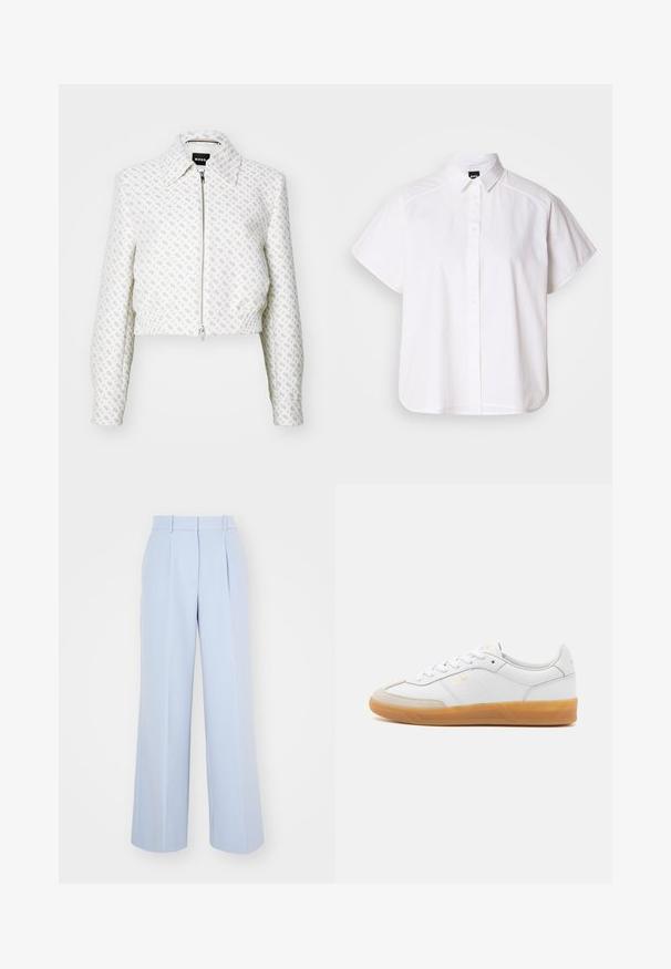 Veste blanche courte avec un motif texturé et une fermeture éclair à l'avant. Elle dispose d'un col et d'un ourlet élastiqué, créant une silhouette ajustée.; Chemise blanche à manches courtes, à boutons, avec un col pointu et un ourlet arrondi. Fabriquée en coton, elle possède une texture lisse et sans motifs visibles.; Pantalons larges bleu clair avec une taille haute, dotés de plis à l'avant, fabriqués dans un tissu tissé lisse. Pas de matériel visible.; Baskets en cuir blanc avec des accents en suédine beige, semelle en caoutchouc gomme et design à lacets. Présente un logo discret en doré.