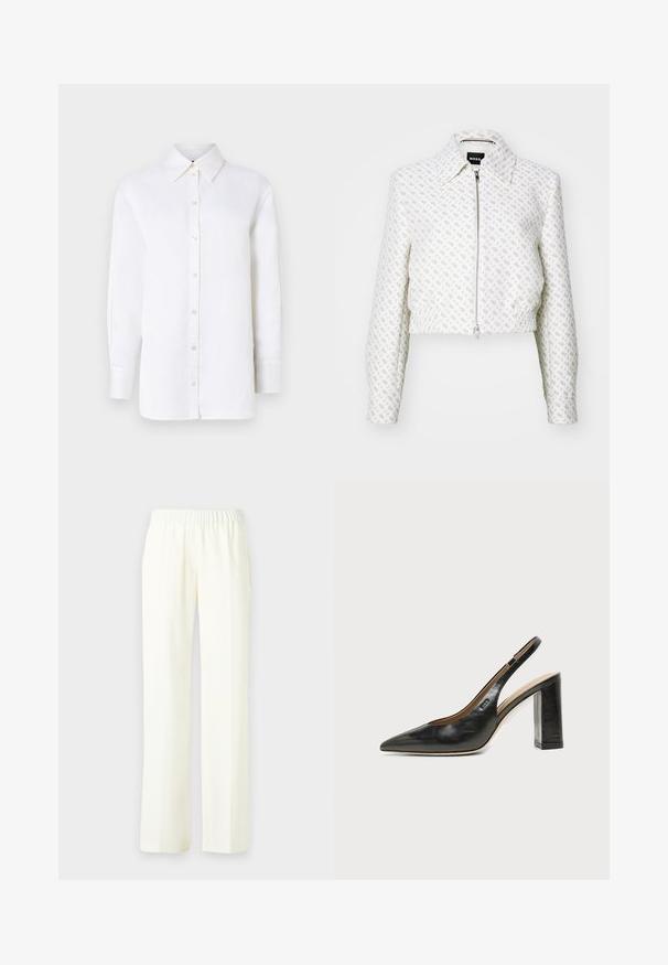 Veste blanche courte avec un motif texturé et une fermeture éclair à l'avant. Elle dispose d'un col et d'un ourlet élastiqué, créant une silhouette ajustée.; Chemise blanche en lin à col pointu, à manches longues et à fermeture boutonnée. Présente une coupe décontractée et une texture lisse.; Pantalons larges de couleur crème clair, dotés d'une taille élastique pour un confort optimal. Tissu lisse avec un design fluide ; sans motif ni accent visible.; Chaussure slingback en cuir noir à bout pointu avec un talon bloc haut et une doublure intérieure beige sur un fond clair uni.