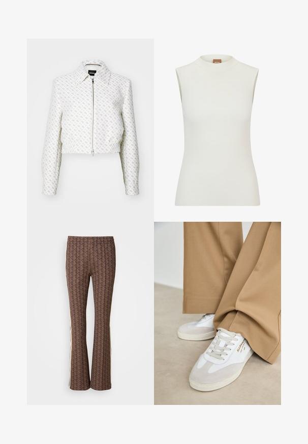Gekürzte weiße Jacke mit strukturiertem Muster und einem Frontreißverschluss. Verfügt über einen Kragen und einen elastischen Saum, der eine taillierte Silhouette schafft.; Weißes, ärmelloses Oberteil mit hohem Kragen, das eine gerippte Textur und eine figurbetonte Passform aufweist. Das Markenlabel "BOSS" ist am Kragen sichtbar.; Braun gemusterte Schlaghosen mit strukturiertem Design und seitlichen Streifen. Elastischer Bund für zusätzlichen Komfort.; Weiße Sneakers mit Wildlederakzenten, strukturierten Schnürsenkeln und einer Gummisohle. Kombiniert mit lockeren, sandfarbenen Hosen. Logo an der Seite angebracht.