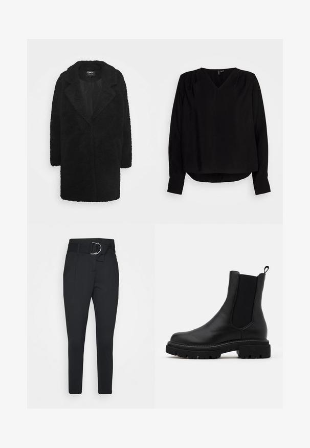 Čierny dlhý kabát vyrobený z textúrovaného fleece materiálu. Obsahuje klopu s výrezom a otvorený predný dizajn s dvoma postrannými vreckami.; Vero Moda Petite VMLENA - Blúzka - black; Čierne nohavice s prispôsobeným strihom, plochým predkom, dvomi bočnými vreckami a striebornou okrúhlou prackou na opasku.; Čierne kožené Chelsea čižmy s elastickými bočnými panelmi a uťahovacím pásikom. Hrubé, štruktúrované čierne gumové podrážky s robustným vzorom dezénu.