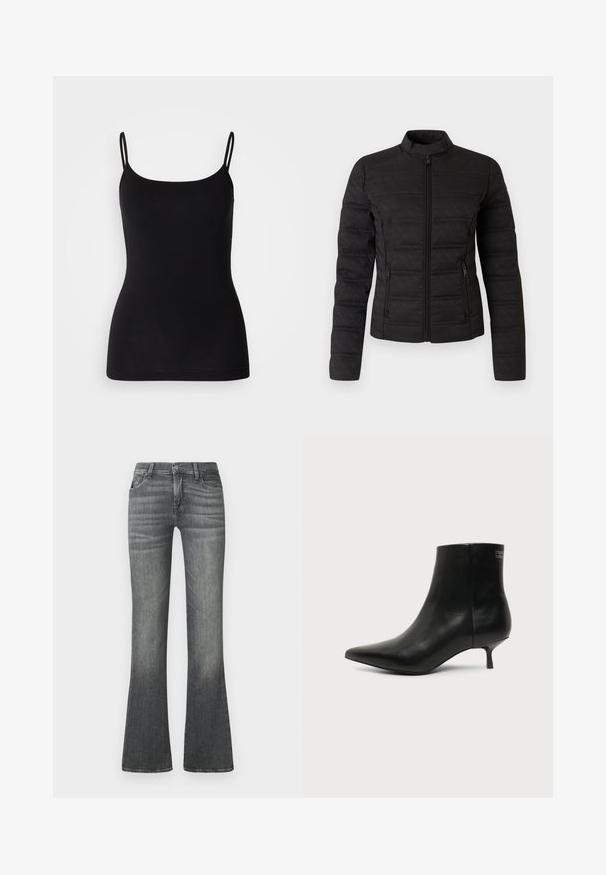 Veste matelassée noire avec un col haut, fermeture éclair sur le devant, deux poches latérales et un motif ton sur ton subtil. Présente une coupe ajustée et un tissu texturé.; Débardeur noir avec des bretelles fines et ajustables, en tissu extensible lisse et à la silhouette ajustée. Pas de motifs ni de décorations.; Jean gris évasé en denim, avec une taille mi-haute, un léger délavage et un design classique à cinq poches.; Bottine en cuir noir avec bout pointu et petit talon kitten sur fond clair, vue côté extérieur.