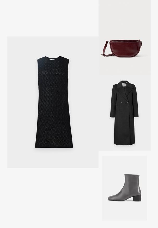 Schwarzer Wollmantel in langer Ausführung mit einem doppelt brustigen Design, großen Revers und zwei vorderen Taschen. Glatte Textur und taillierte Passform.; Schwarzes ärmelloses Kleid mit einem strukturierten Rautenmuster, ausgestattet mit einem Rundhalsausschnitt und einer geraden Silhouette, aus leichtem Strickmaterial gefertigt.; Grau Leder Stiefelette mit einem eleganten Design, spitzem Zehenbereich und einem kurzen Blockabsatz. Glatte Textur mit minimaler Markenkennzeichnung an der Seite.; Dunkelroter Lederhandtasche in halbmondförmiger Form mit Reißverschluss und abnehmbarem Tragegurt. Glatte Textur mit dezentem Glanz.