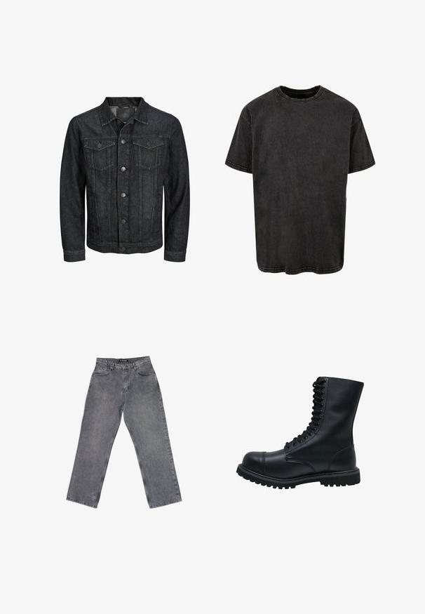 Sort denimjakke med knapper foran, to brystlommer med klap, krave og lange ærmer, vist på en hvid baggrund.; Sort bomulds T-shirt med korte ærmer, rund hals og en afslappet pasform. Har en falmet tekstur og synlige sømdetaljer langs sømmene.; High-waist lige ben grå jeans med forlommer, bæltestropper, knaplukning og synlige syninger på hvid baggrund.; Sort læder snørebåndsstøvle med rund tå, høj skaft, tyk gummisål og struktureret overflade. Har forstærket syning langs sømmene.