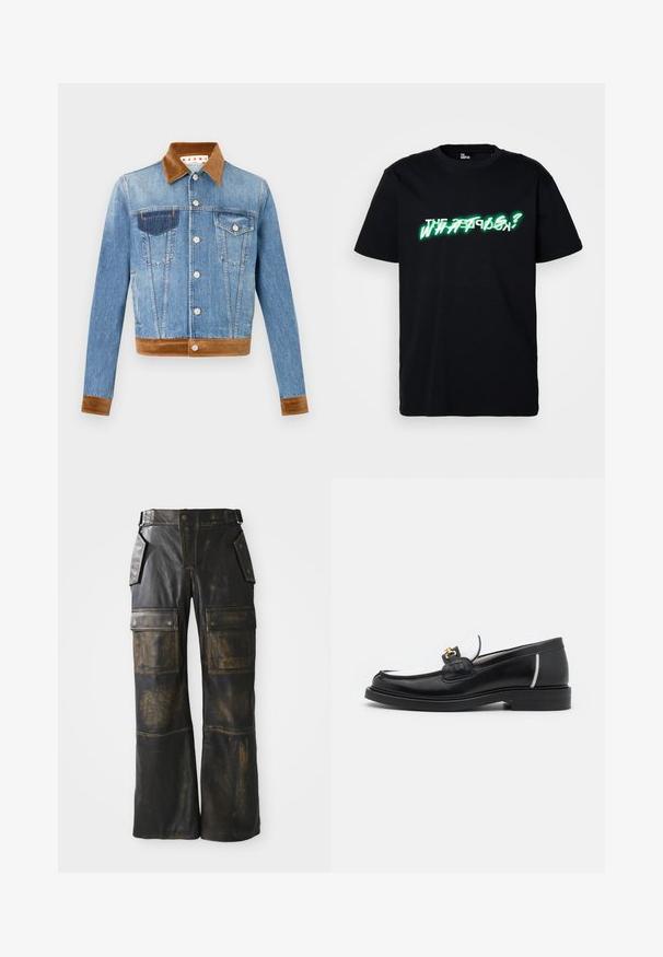 Denimjakken har en lys blå farve, en brun ruskindskrave og -kant, sølvknapper og to brystlommer med et særligt design.; Sort bomulds T-shirt med fed grøn og hvid grafisk tekst, der står "Hvad er?" på forsiden. Rund hals og korte ærmer.; Sorte læder cargo bukser med en slidt tekstur, der har store sidelommer, høj talje og kontrasterende syninger langs sømmene.; Sort læder loafers med rund tå, hvide detaljer og guldbelagte metaldele på vamps. Har et struktureret patch og stablet hæl.
