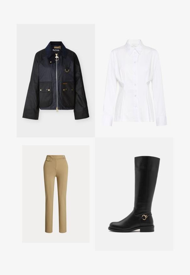 Marineblauwe gewaxte katoenen jas met een corduroy kraag, gouden hardware accenten, twee voorzakken en een ritssluiting. Merkembleem op de linkerzak.; Witte blouse met lange mouwen, knopen aan de voorkant, een puntige kraag, een aangesloten taille en een zichtbaar merklabel "Gestuz" aan de binnenkant van de kraag.; Beige slim-fit vrouwenbroek met hoge taille, twee knopen aan de zijkant en een klein knoopsluiting flapzakje nabij de tailleband.; Anna Field Wide Fit by Zalando Laarzen - black