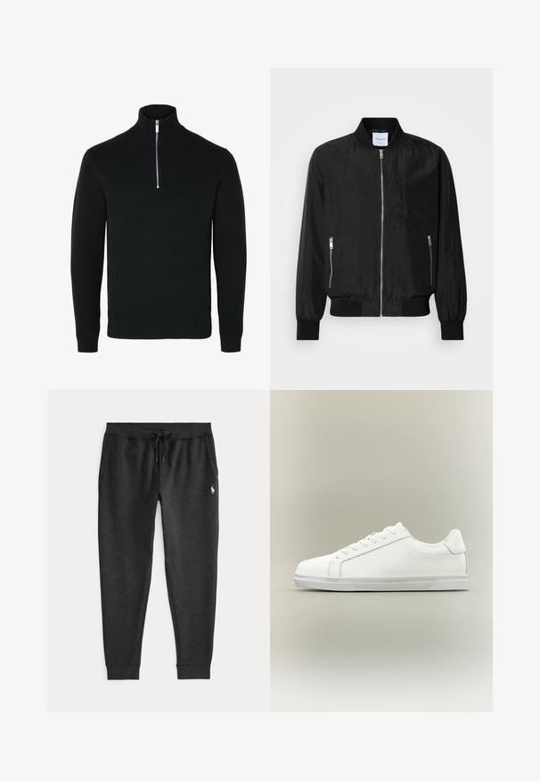 Veste bomber noire avec fermeture éclair à l'avant, col et poignets côtelés, poches latérales zippées et texture lisse et élégante.; Pull en maille noir à manches longues avec un col haut côtelé et une demi-fermeture éclair argentée au centre devant.; Pantalon de survêtement décontracté gris foncé avec une taille ajustable à cordon et un petit logo Polo blanc sur la partie supérieure de la cuisse gauche.; Baskets blanches basses à lacets sur l'avant avec semelle en caoutchouc texturée, sur fond neutre uni.