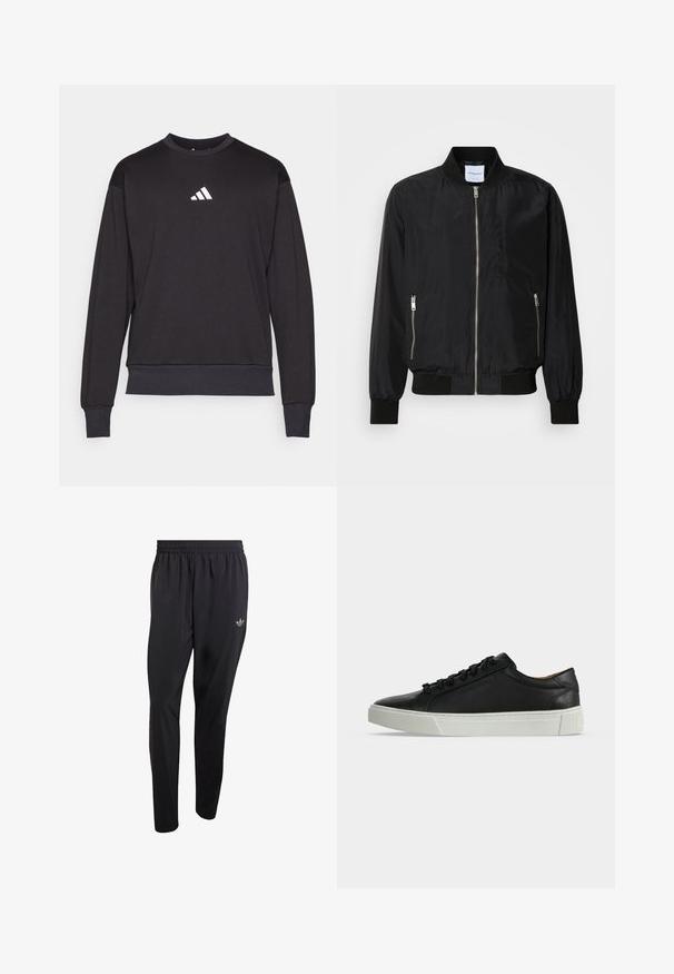 Schwarze Bomberjacke mit Reißverschluss vorne, geripptem Kragen und Bündchen, seitlichen Reißverschlusstaschen und einer eleganten, glatten Textur.; Schwarzer Pullover mit langen Ärmeln, gerippten Bündchen und Saum; verfügt über ein weißes Adidas-Logo auf der Brust und besteht aus weichem, strukturiertem Material.; Schwarze Sporthose aus leichtem Material mit elastischem Bund und einem kleinen eingeprägten Logo im oberen linken Beinbereich.; Schwarzer, niedriger Ledersneaker mit schwarzen Schnürsenkeln und einer dicken weißen Gummisohle, seitlich auf weißem Hintergrund gezeigt.