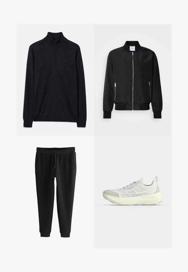 Chaqueta bomber negra con cierre frontal, cuello y puños acanalados, bolsillos laterales con cremallera y una textura suave y elegante.; Suéter negro de manga larga con cuello alto acanalado y media cremallera, con un logo sutil en el lado izquierdo del pecho.; Pantalones deportivos negros con perneras estrechas, cintura elástica, cordón, bolsillos laterales y puños en los tobillos, colocados planos sobre fondo blanco.; Zapatilla blanca de perfil bajo con tejido de malla, puntera beige, suela gruesa, cierre de cordones y lengüeta en el talón sobre un fondo liso.