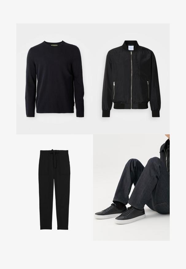 Chaqueta bomber negra con cierre frontal, cuello y puños acanalados, bolsillos laterales con cremallera y una textura suave y elegante.; Suéter negro de manga larga y cuello redondo, diseño liso, presentado sobre un fondo blanco, con una sutil etiqueta de la marca dentro del cuello.; Reiss REGULAR FIT - SET BELTED TECHNICAL - Pantalones - black; Persona sentada con las piernas dobladas, vistiendo vaqueros azul oscuro y zapatillas bajas negras con suelas blancas sobre un fondo blanco.