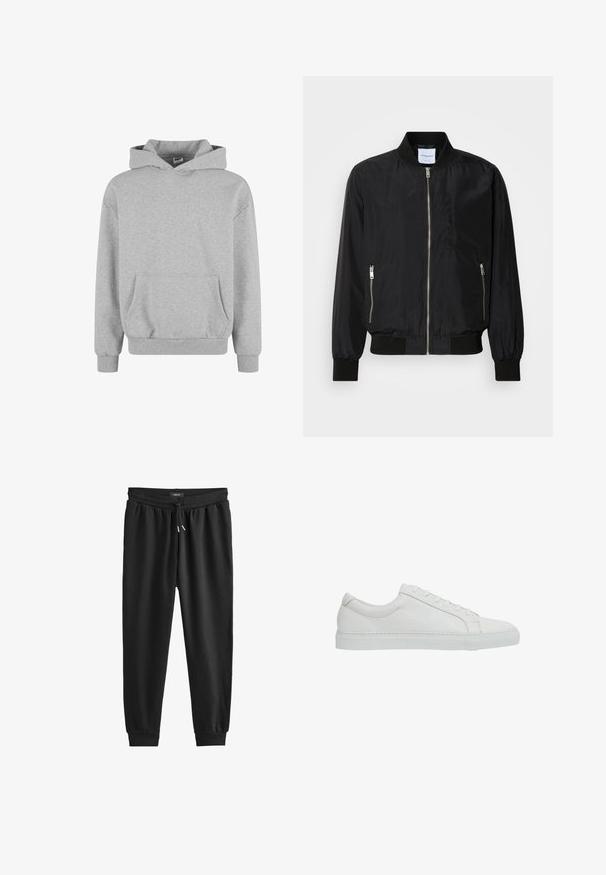 Sort bomberjakke med lynlås foran, ribbet krave og manchetter, lynlåslommer på siderne og en glat, strømlinet overflade.; Grå sweatshirt med hætte, lange ærmer og frontlomme. Fremstillet af blødt stof med ribbede manchetter og kant. Minimalistisk design og alsidig stil.; Sorte sweatpants lavet af blødt stof, med en elastisk talje med snøre, tætsiddende ben og ribbede manchetter ved anklerne.; Reiss REGULAR FIT - LUCA TUMBLED - Sneakers - white