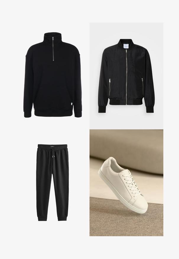 Schwarze Bomberjacke mit Reißverschluss vorne, geripptem Kragen und Bündchen, seitlichen Reißverschlusstaschen und einer eleganten, glatten Textur.; Schwarzer Sweatshirt mit Zip-Kragen, langen Ärmeln, weicher Textur, einer Fronttasche und einem kleinen grünen Logo am Saum.; Schwarze Jogginghose aus weichem Stoff, mit einem elastischen Bund und Kordelzug, schmal zulaufenden Beinen und gerippten Bündchen an den Knöcheln.; Weißes Leder Sneaker mit weißen Schnürsenkeln, auf einer beigefarbenen strukturierten Oberfläche präsentiert, und einem sanft verschwommenen Hintergrund.