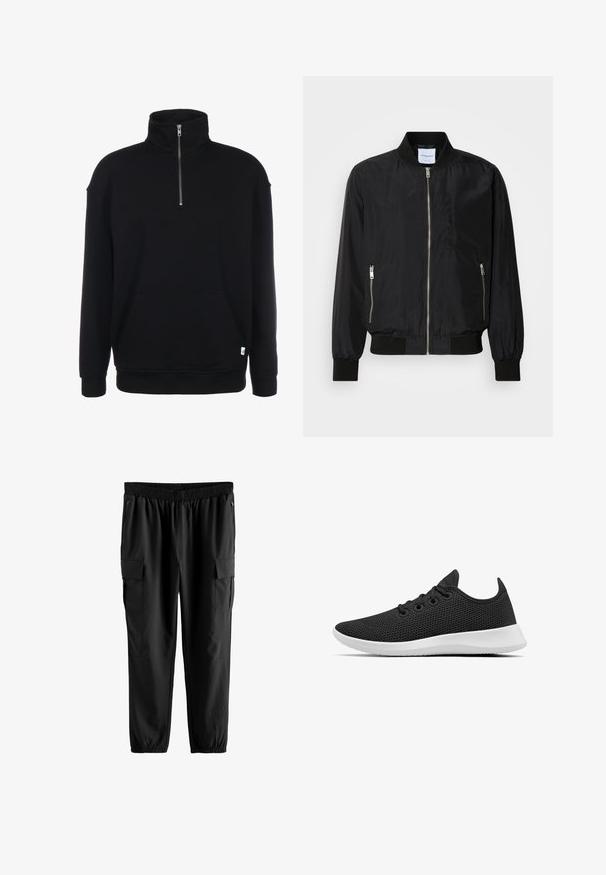 Schwarze Bomberjacke mit Reißverschluss vorne, geripptem Kragen und Bündchen, seitlichen Reißverschlusstaschen und einer eleganten, glatten Textur.; Schwarzer Sweatshirt mit Zip-Kragen, langen Ärmeln, weicher Textur, einer Fronttasche und einem kleinen grünen Logo am Saum.; Schwarze Cargo-Hosen mit elastischem Bund, seitlichen Reißverschlusstaschen und zwei großen Cargo-Taschen mit Klappenverschluss. Glattes, leichtes Material.; Allbirds TREE RUNNERS - Sneaker low - jet black white sole